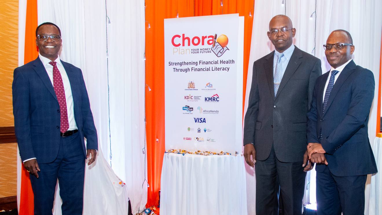 KBA Chairman John Gachora (L), CBK Governor Dr. Kamau Thugge (C) and KBA Ag. CEO Raimond Malonje during the launch of the Chora Plan campaign. PHOTO/COURTESY